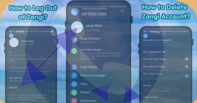 Step-by-step screenshots showing how to log out of zangi and how to delete a Zangi Messenger account on mobile
