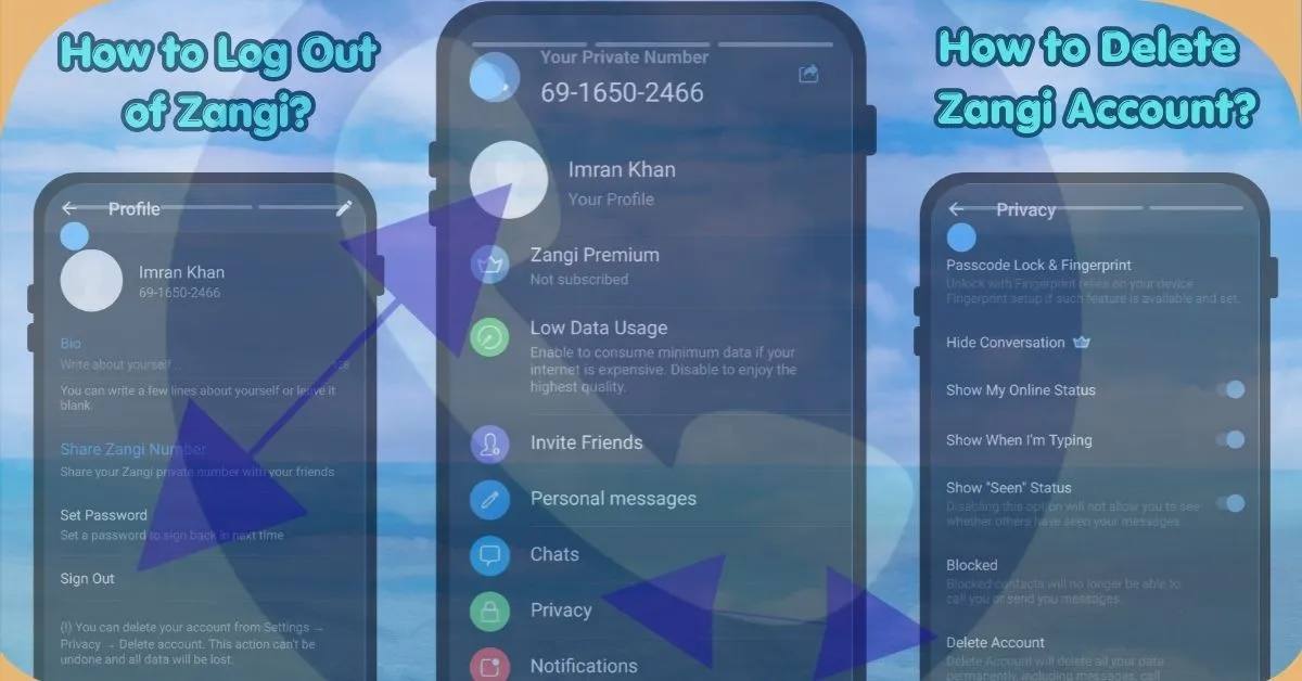 Step-by-step screenshots showing how to log out of zangi and how to delete a Zangi Messenger account on mobile