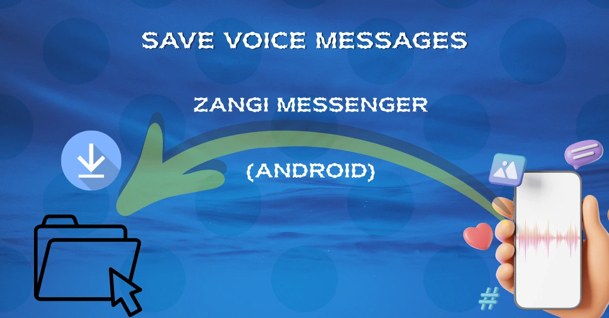Infographic teaching how to save, move, and download Zangi voice message audio files to Android internal storage. Easy way to Save Voice Messages in Zangi