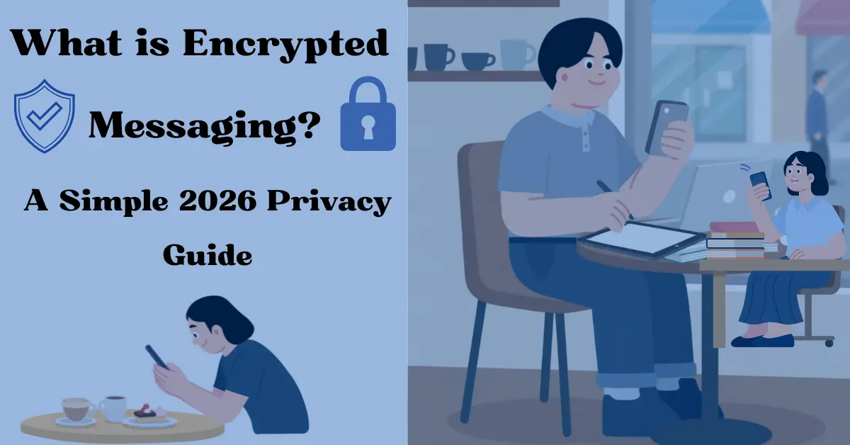 Illustration showing people using devices with end-to-end encryption icons for a 2026 privacy guide of Encrypted Messaging