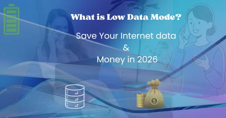Illustration showing a person talking on a phone with data and money saving icons for a 2026 Zangi Low Data Mode guide.